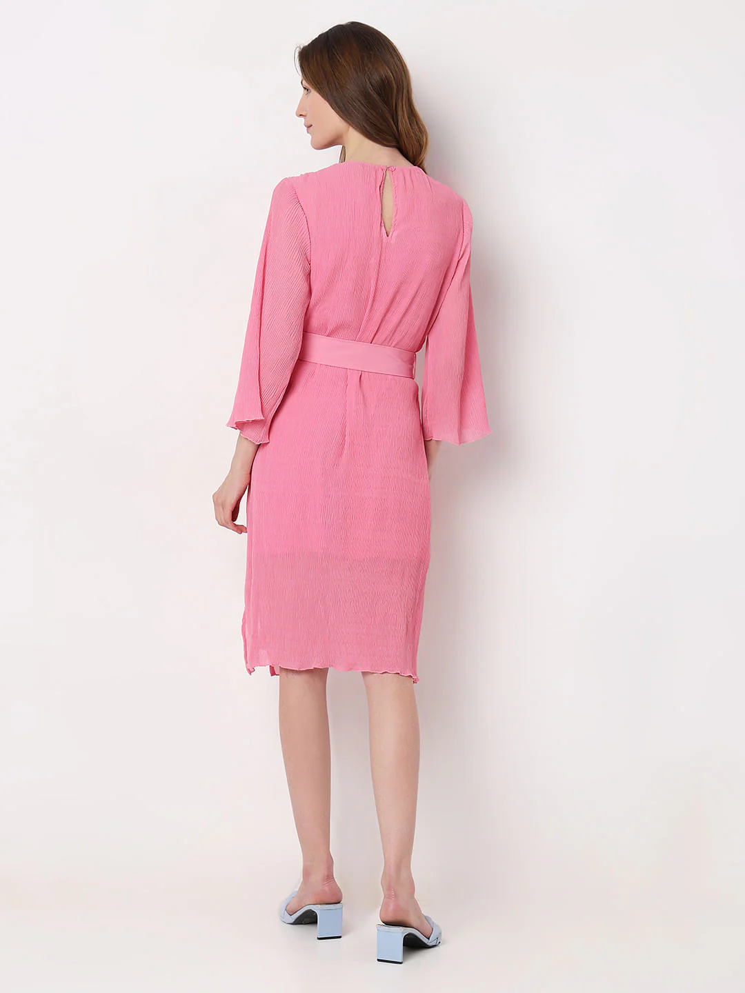 Pink Plisse Pleats Midi Dress - Image 4