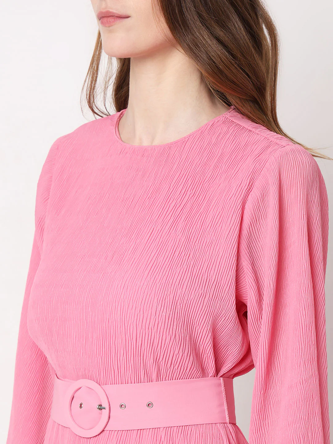 Pink Plisse Pleats Midi Dress - Image 6