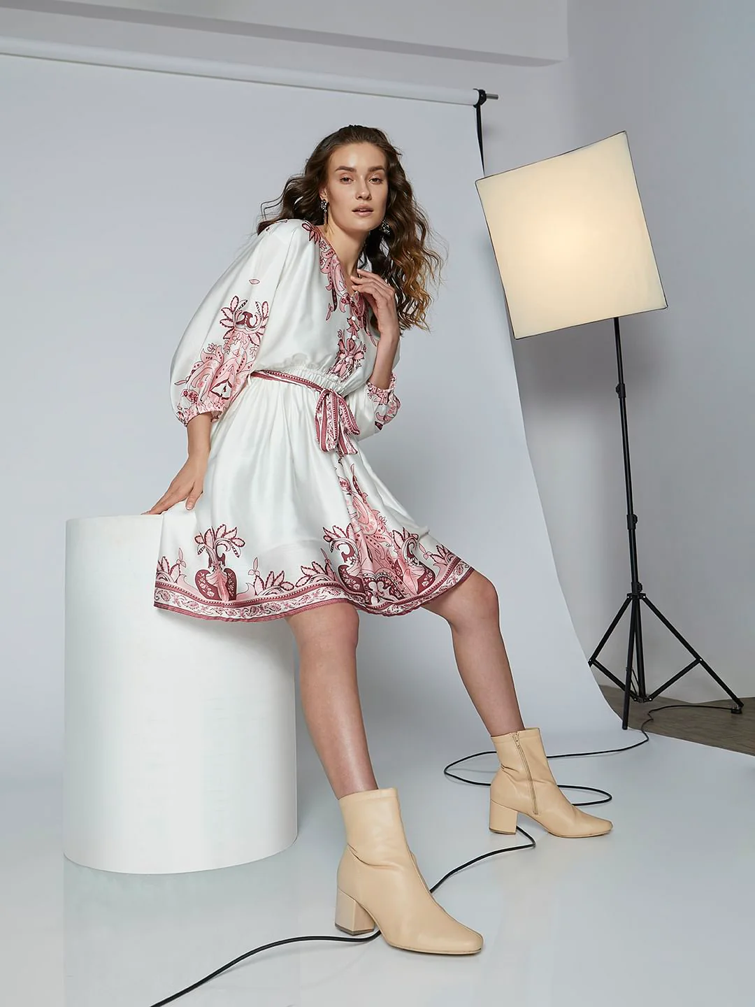 White Boho Print Fit & Flare Dress