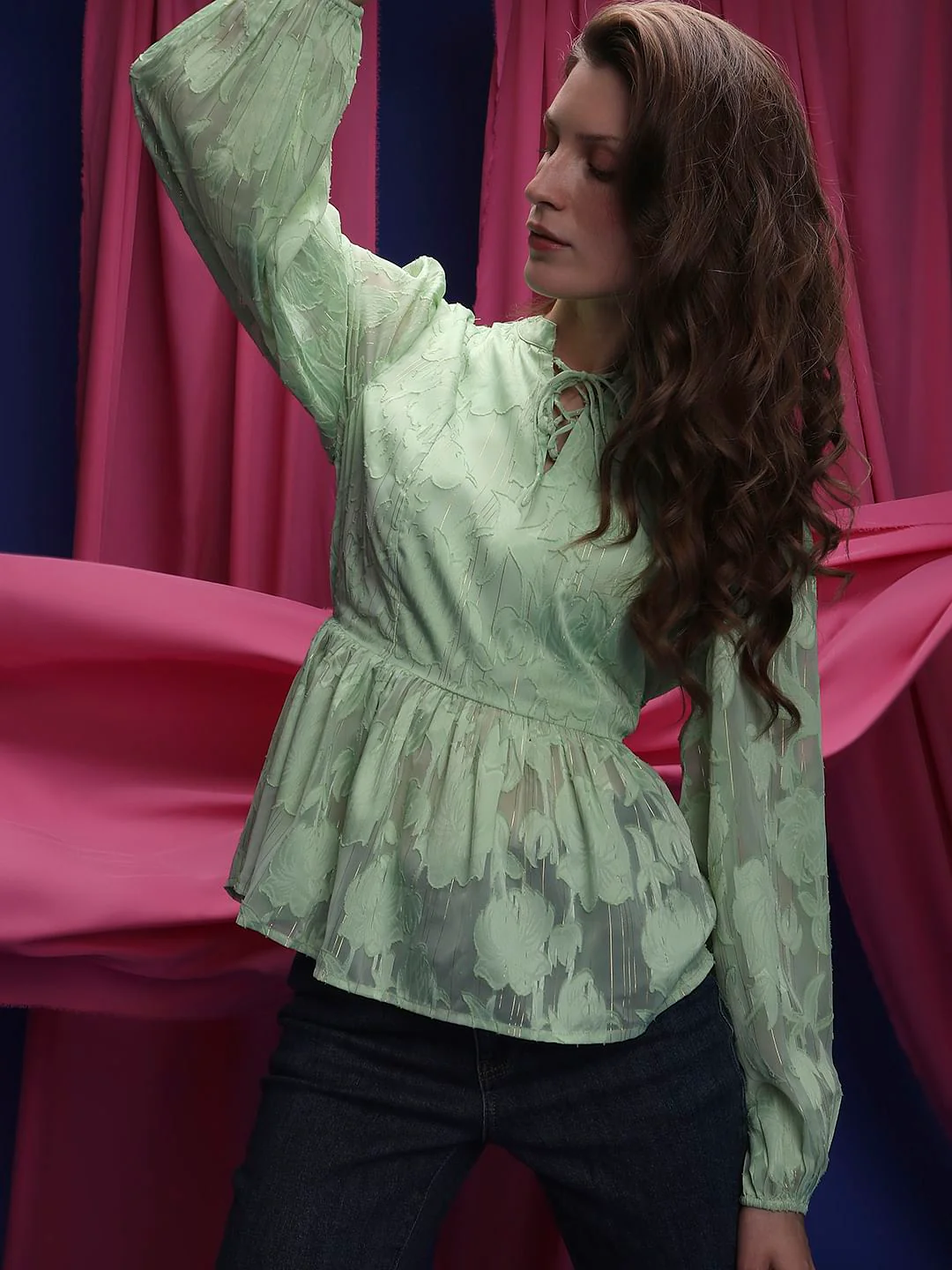 Green Floral Peplum Top