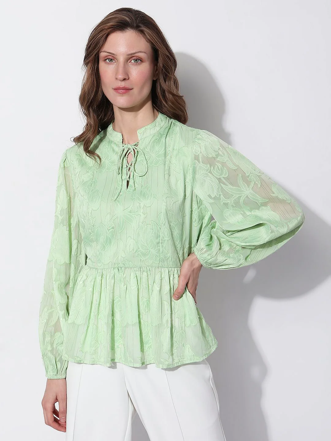 Green Floral Peplum Top - Image 2