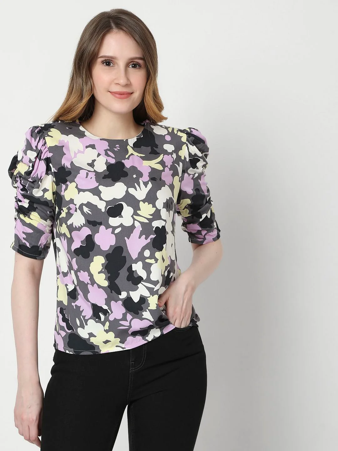Grey Abstract Print Puff Sleeves Top - Image 2