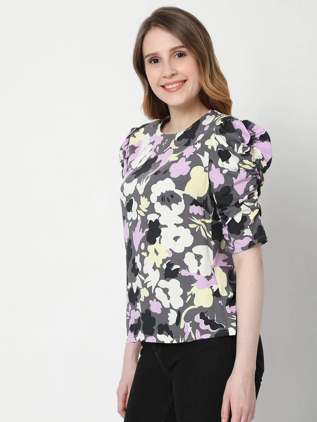 Grey Abstract Print Puff Sleeves Top - Image 3