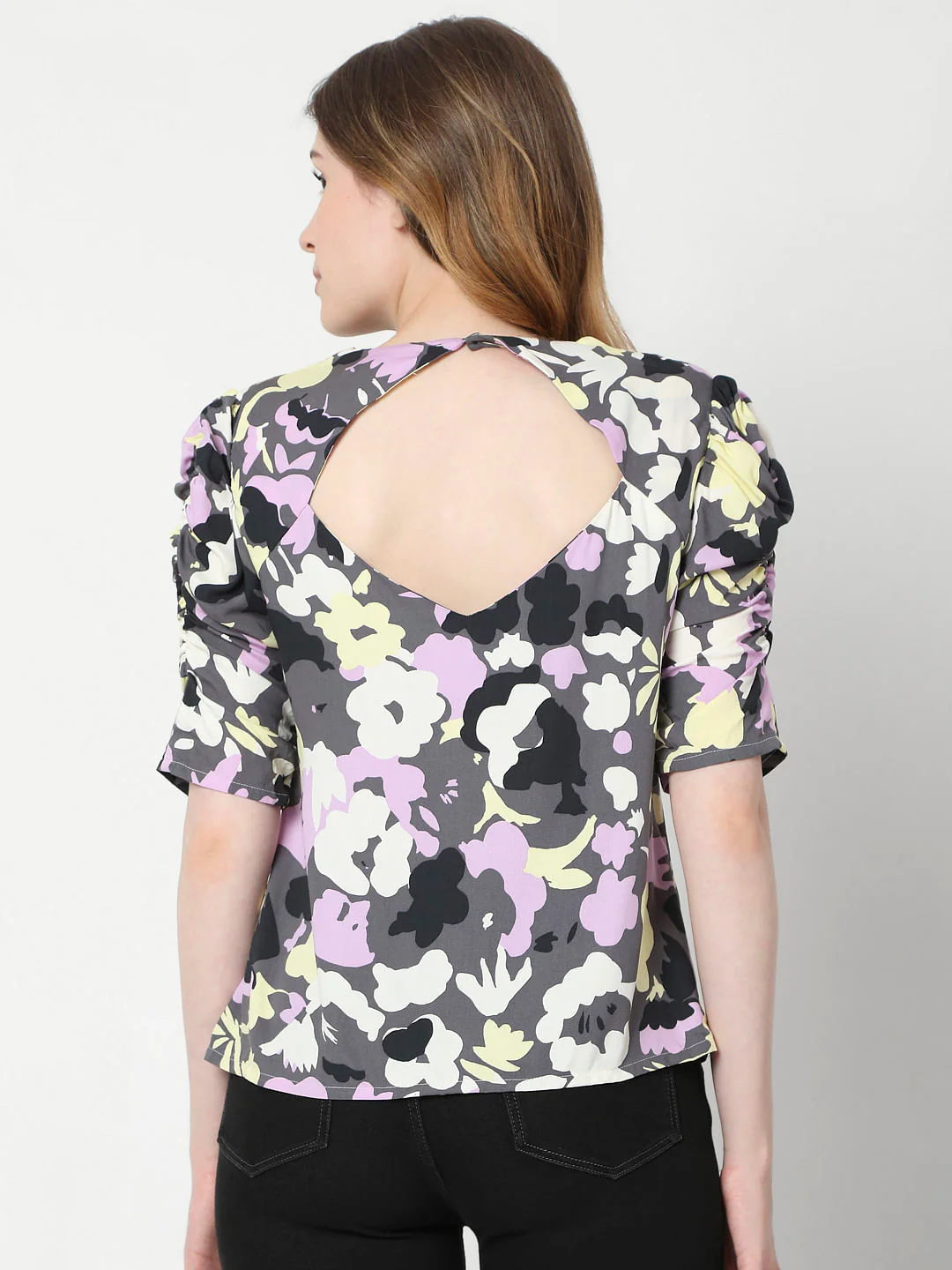 Grey Abstract Print Puff Sleeves Top - Image 4