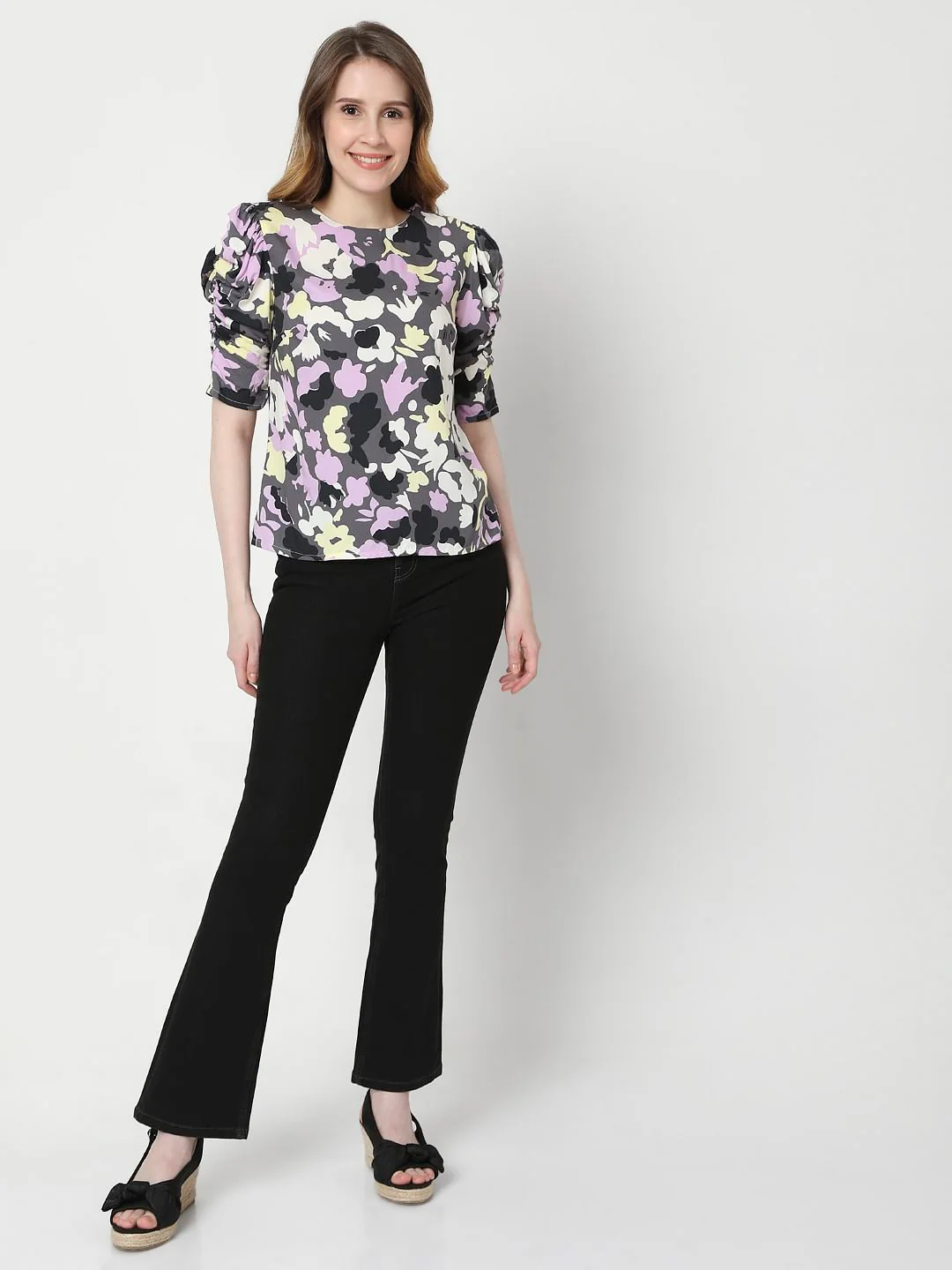 Grey Abstract Print Puff Sleeves Top - Image 5