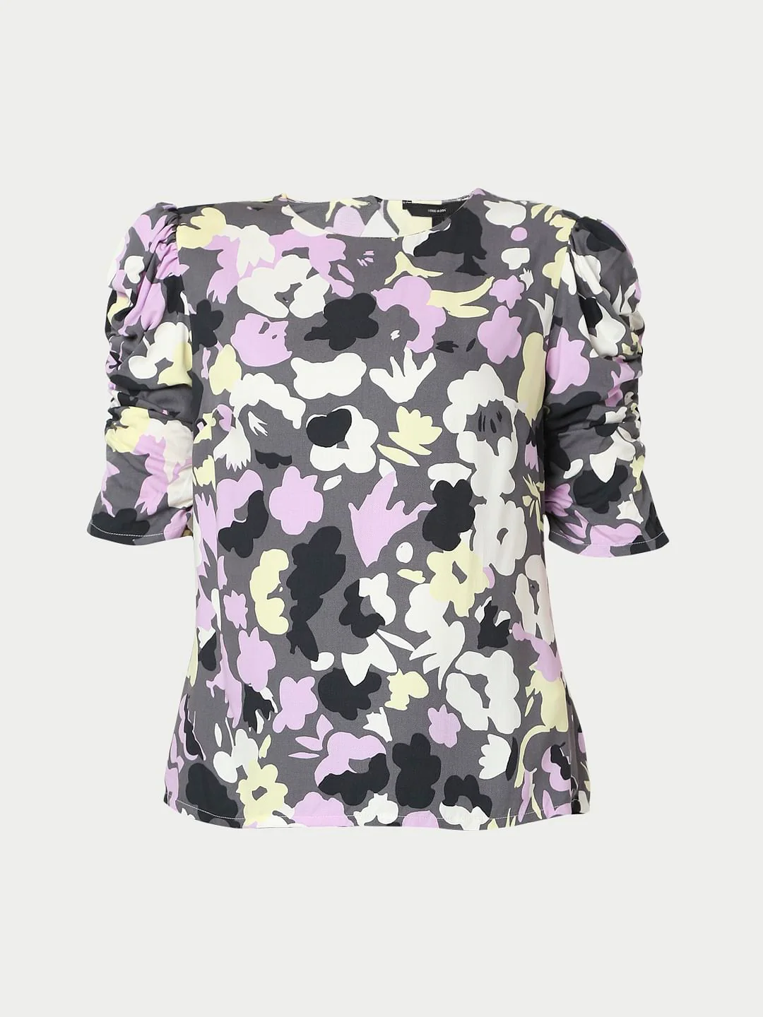 Grey Abstract Print Puff Sleeves Top - Image 7
