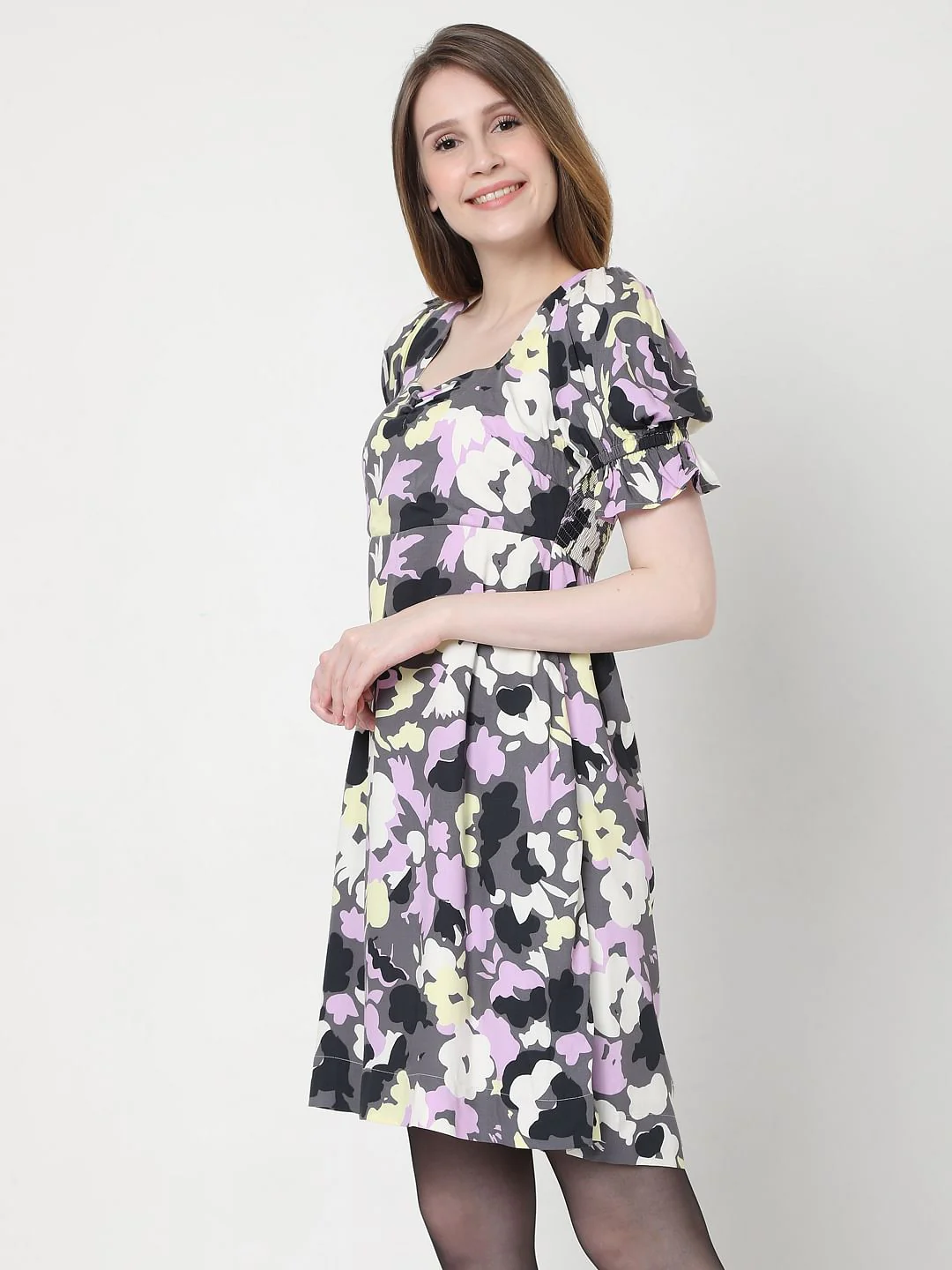 Grey Floral Mini Dress - Image 3