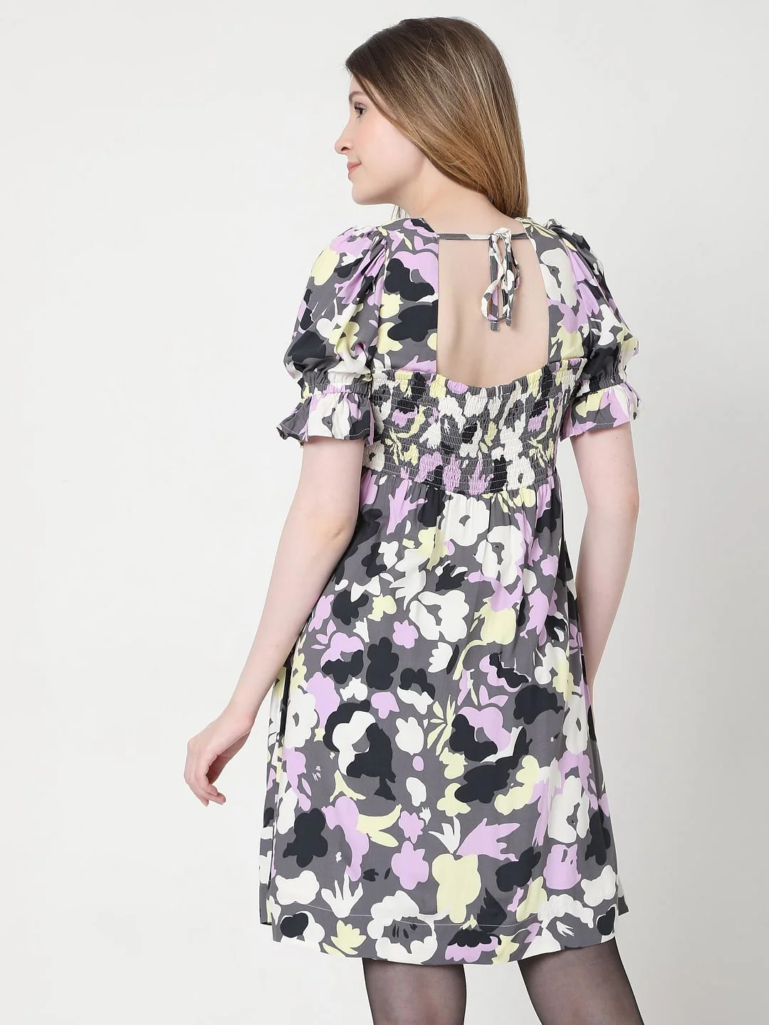 Grey Floral Mini Dress - Image 4