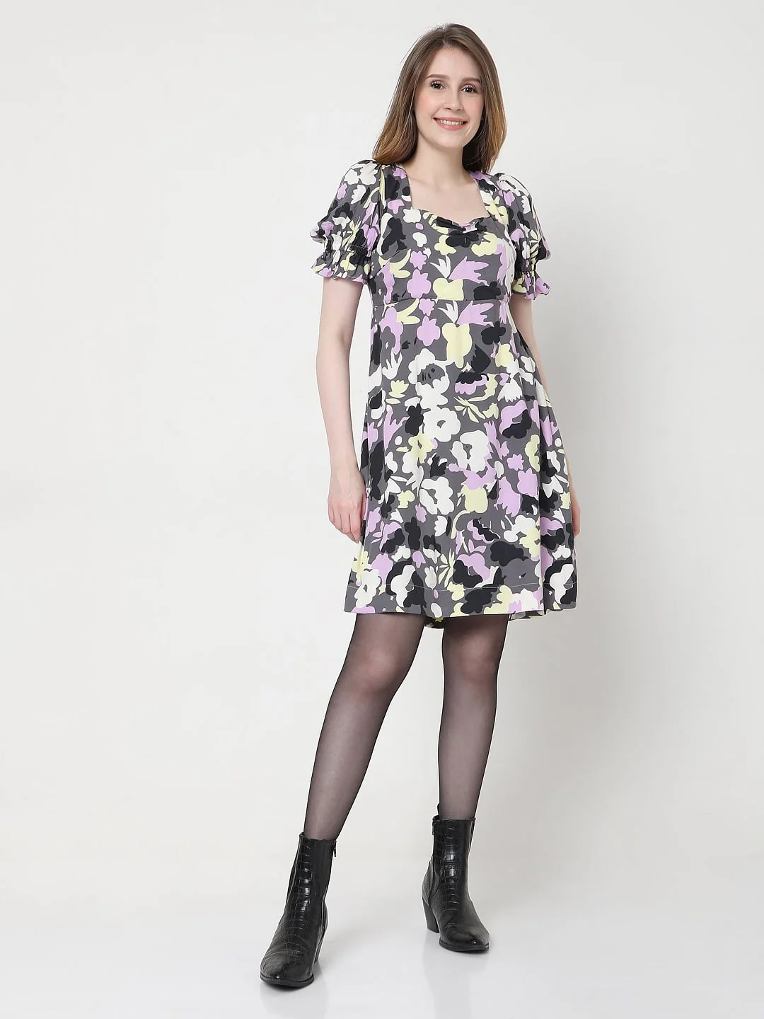 Grey Floral Mini Dress - Image 5