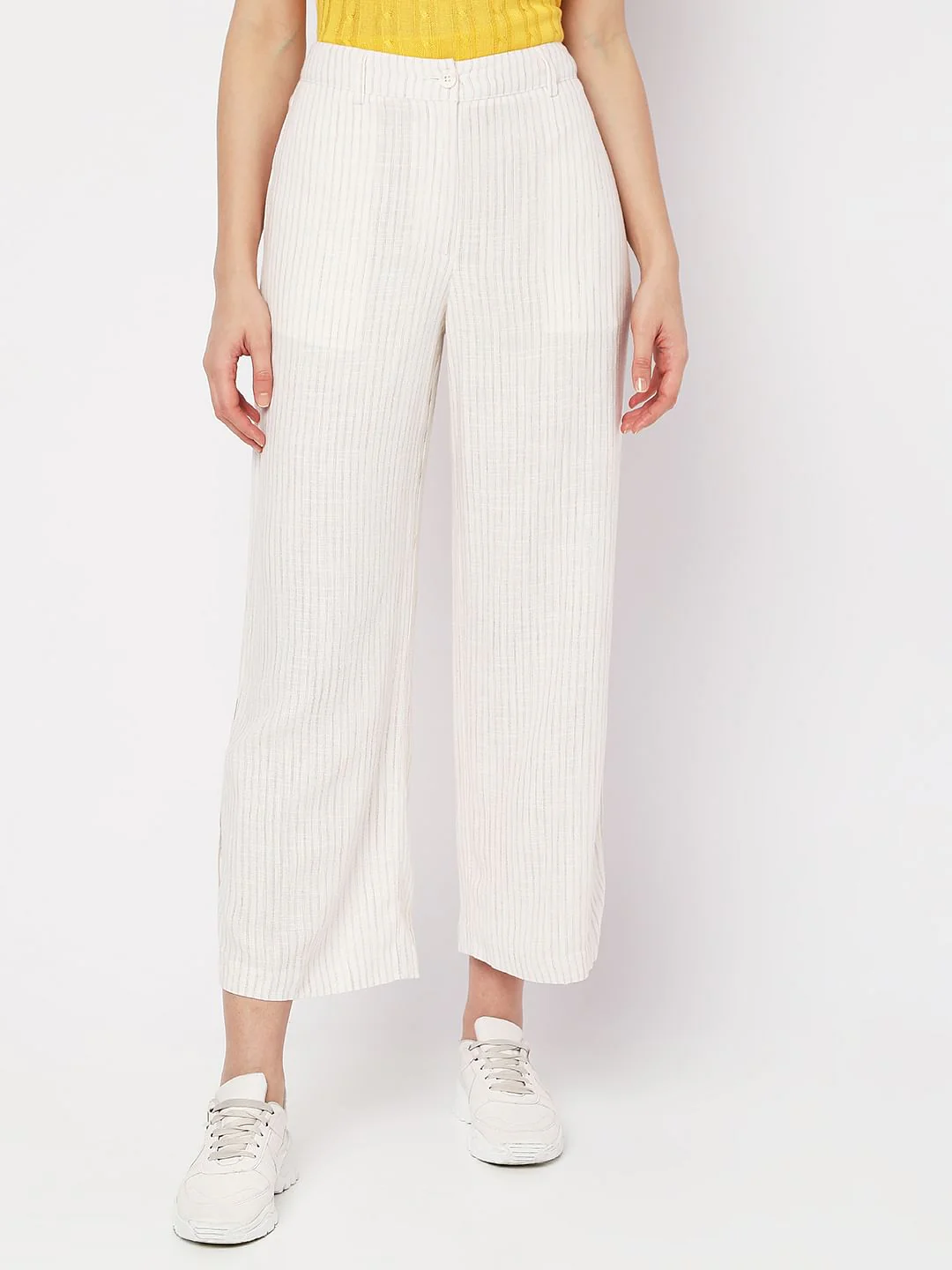 Beige High Rise Striped Linen Pants - Image 2