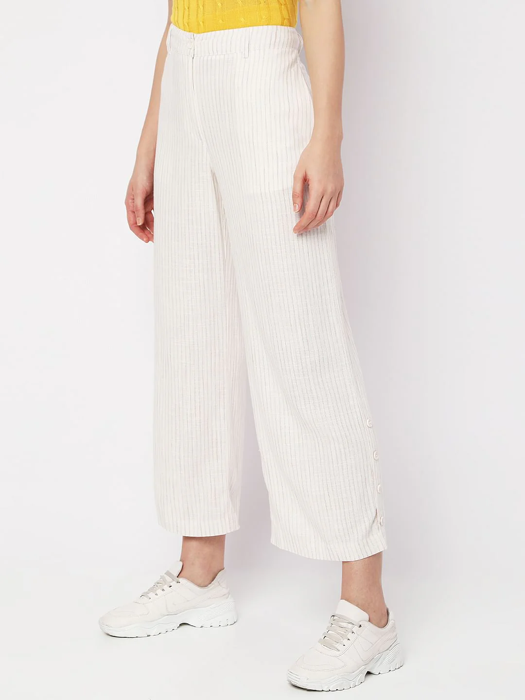 Beige High Rise Striped Linen Pants - Image 3