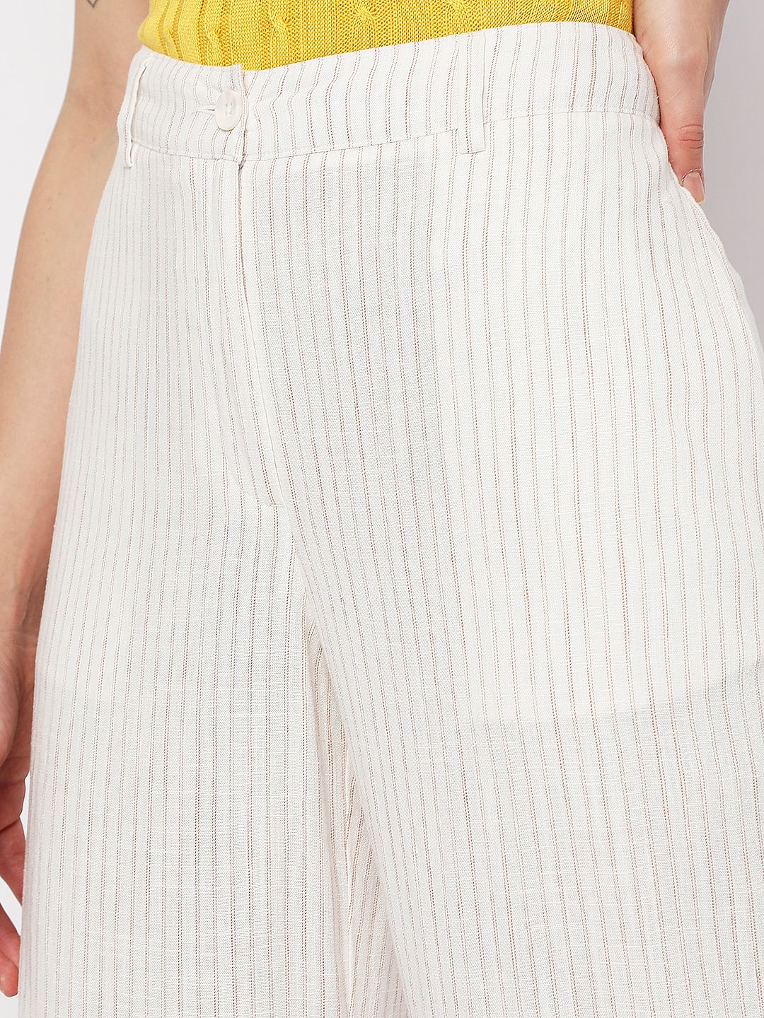 Beige High Rise Striped Linen Pants - Image 5