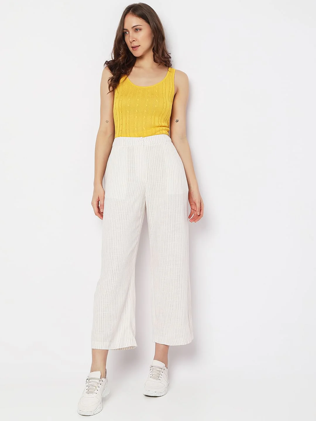 Beige High Rise Striped Linen Pants - Image 6