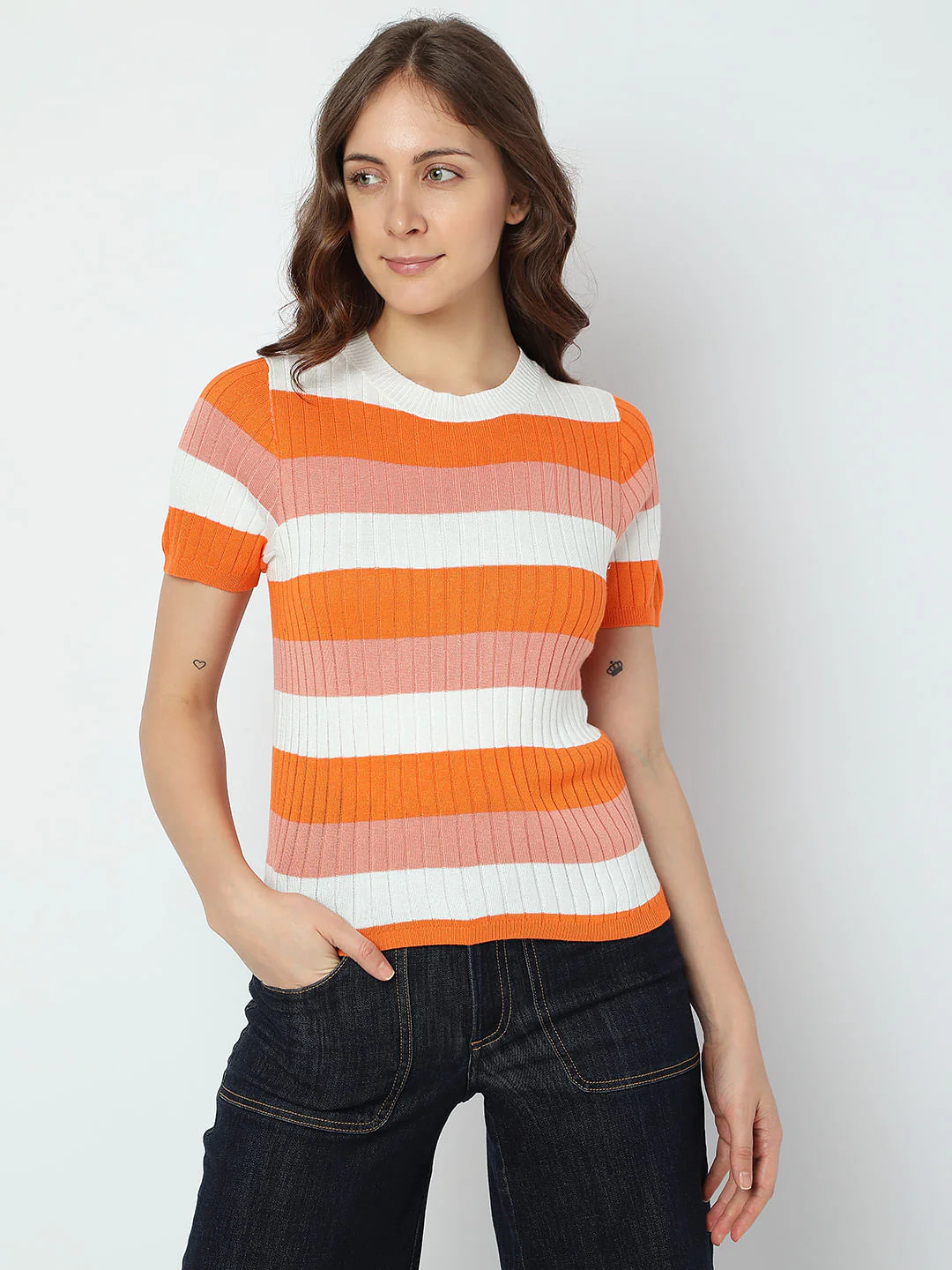 Orange Ribbed Striped Knit Top - Image 2