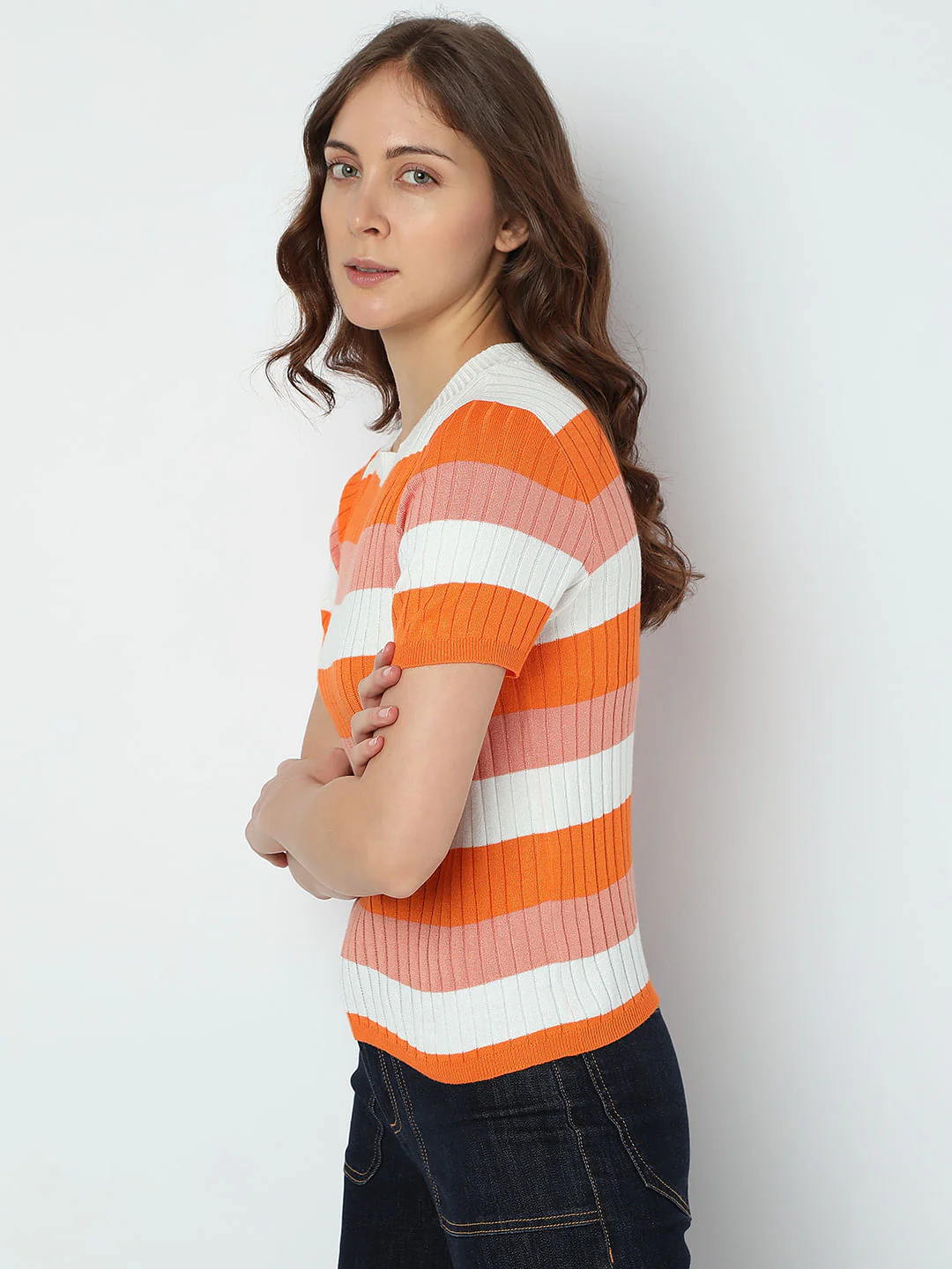 Orange Ribbed Striped Knit Top - Image 3