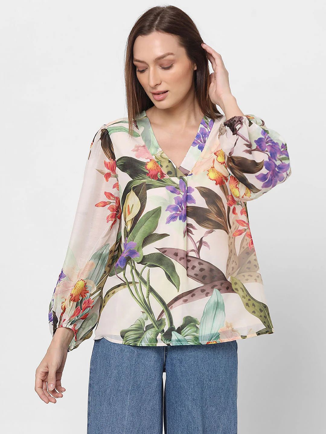 Peach Floral Print V-Neck Top - Image 2