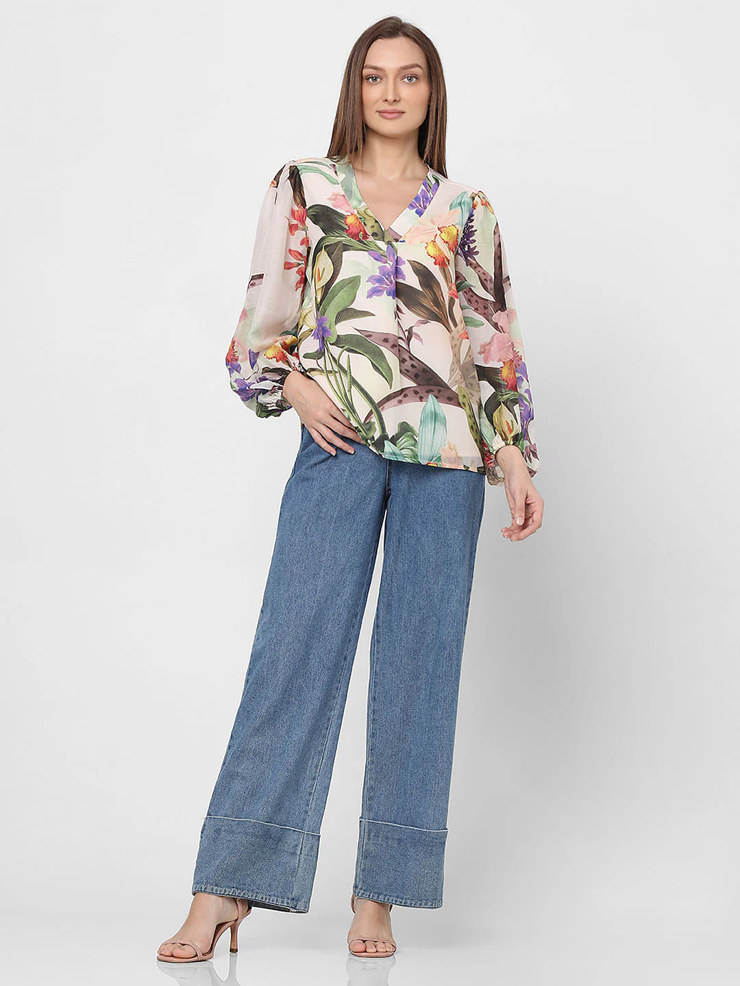 Peach Floral Print V-Neck Top - Image 5