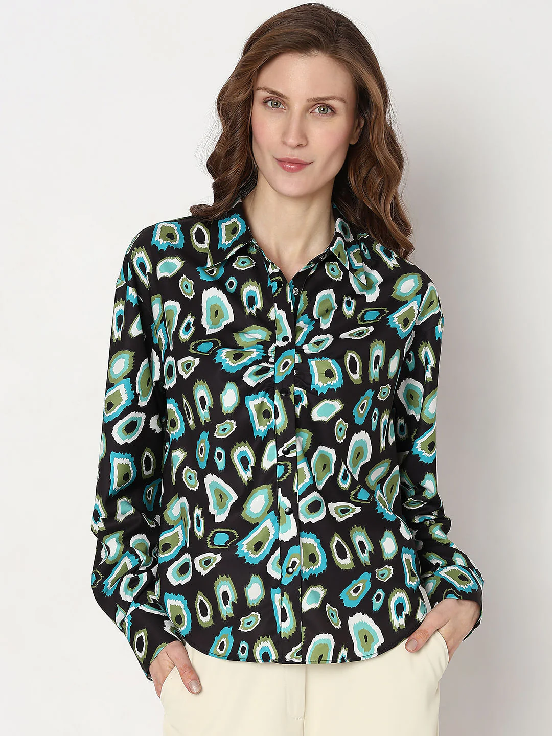 Black Abstract Print Satin Shirt - Image 2