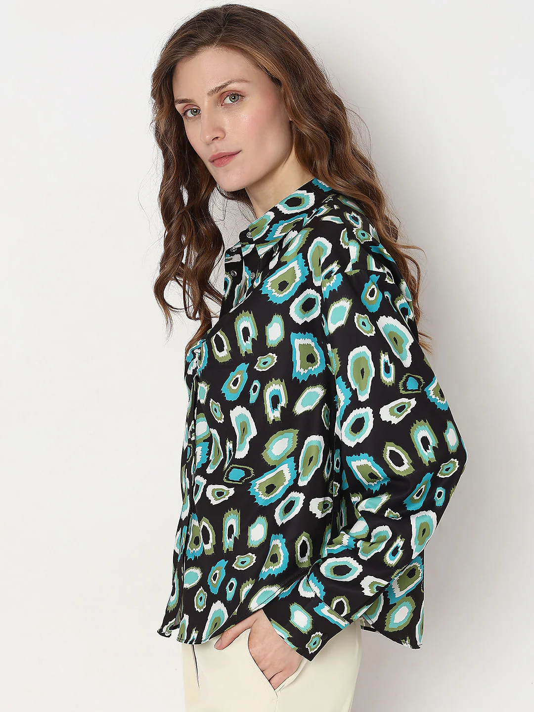 Black Abstract Print Satin Shirt - Image 3