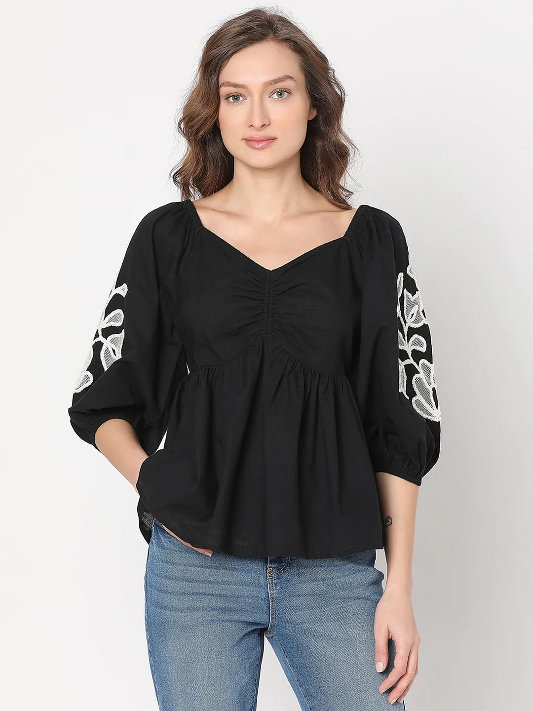Black Floral Embroidered Top - Image 2