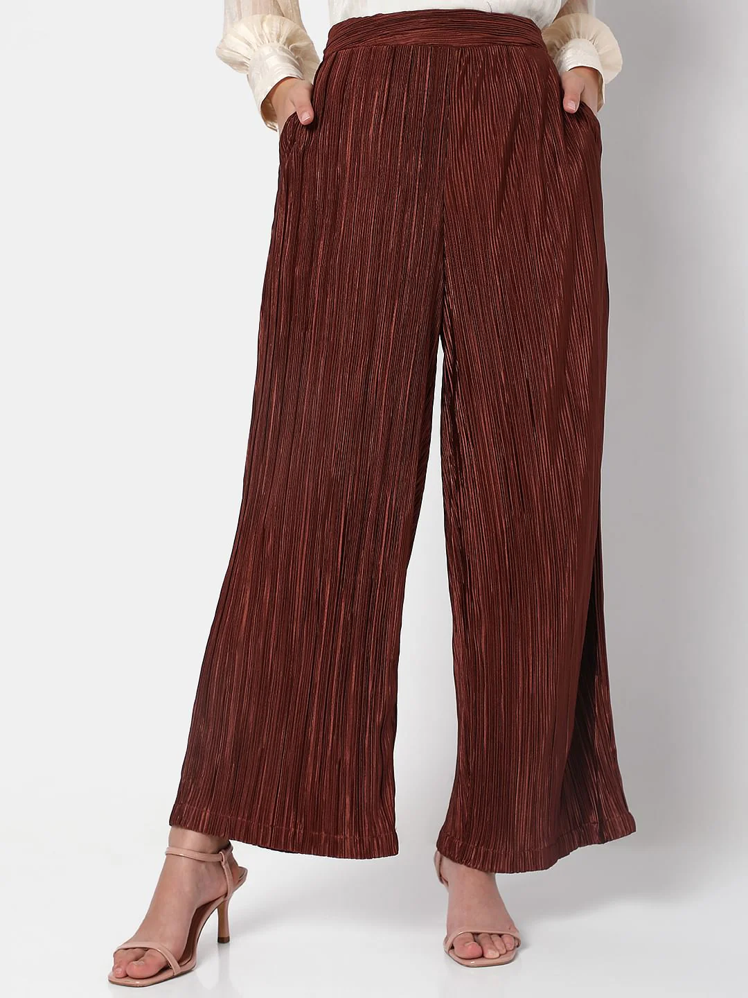Brown High Rise Plisse Co-Ord Set Pants - Image 2