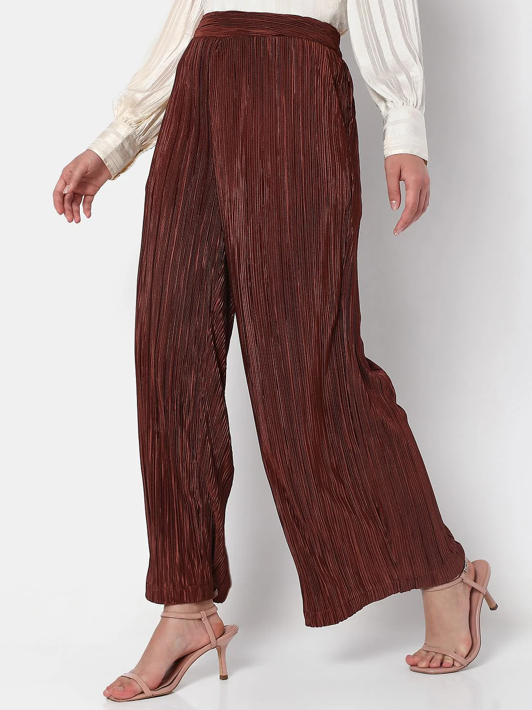 Brown High Rise Plisse Co-Ord Set Pants - Image 3
