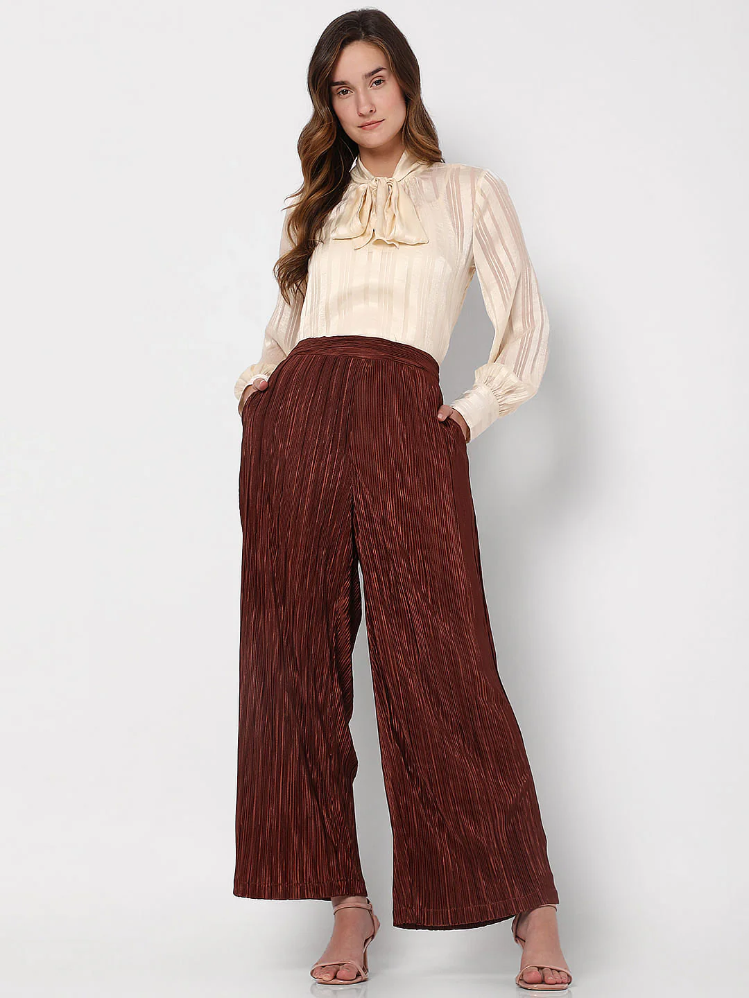 Brown High Rise Plisse Co-Ord Set Pants - Image 6