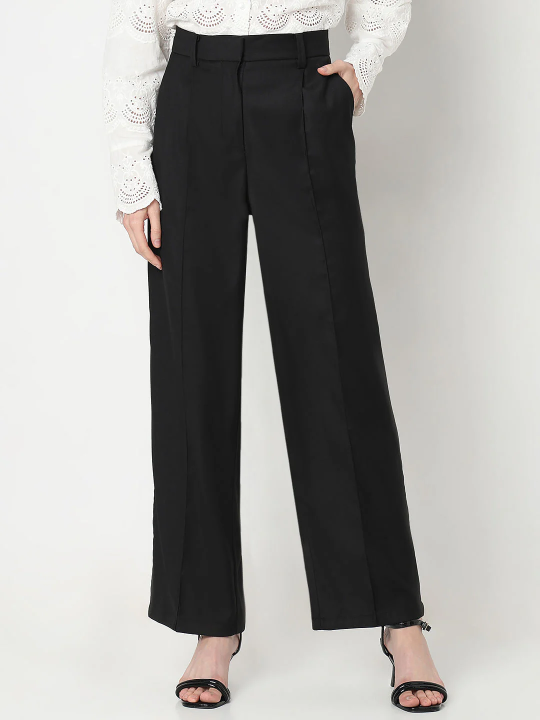 Black Mid Rise Straight Fit Pants - Image 2