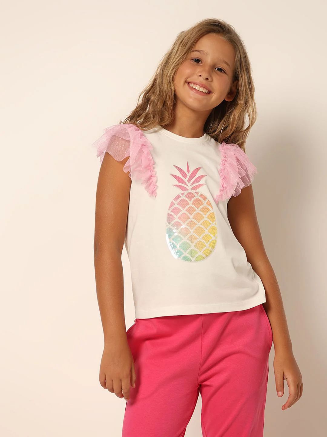 Girls White Ruffled Mesh T-Shirt - Image 2