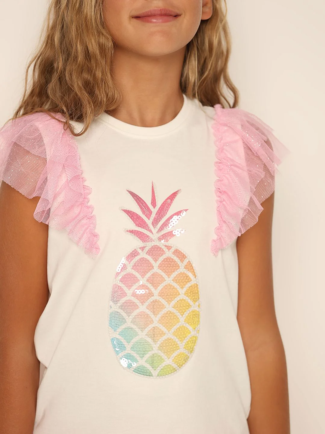 Girls White Ruffled Mesh T-Shirt - Image 4