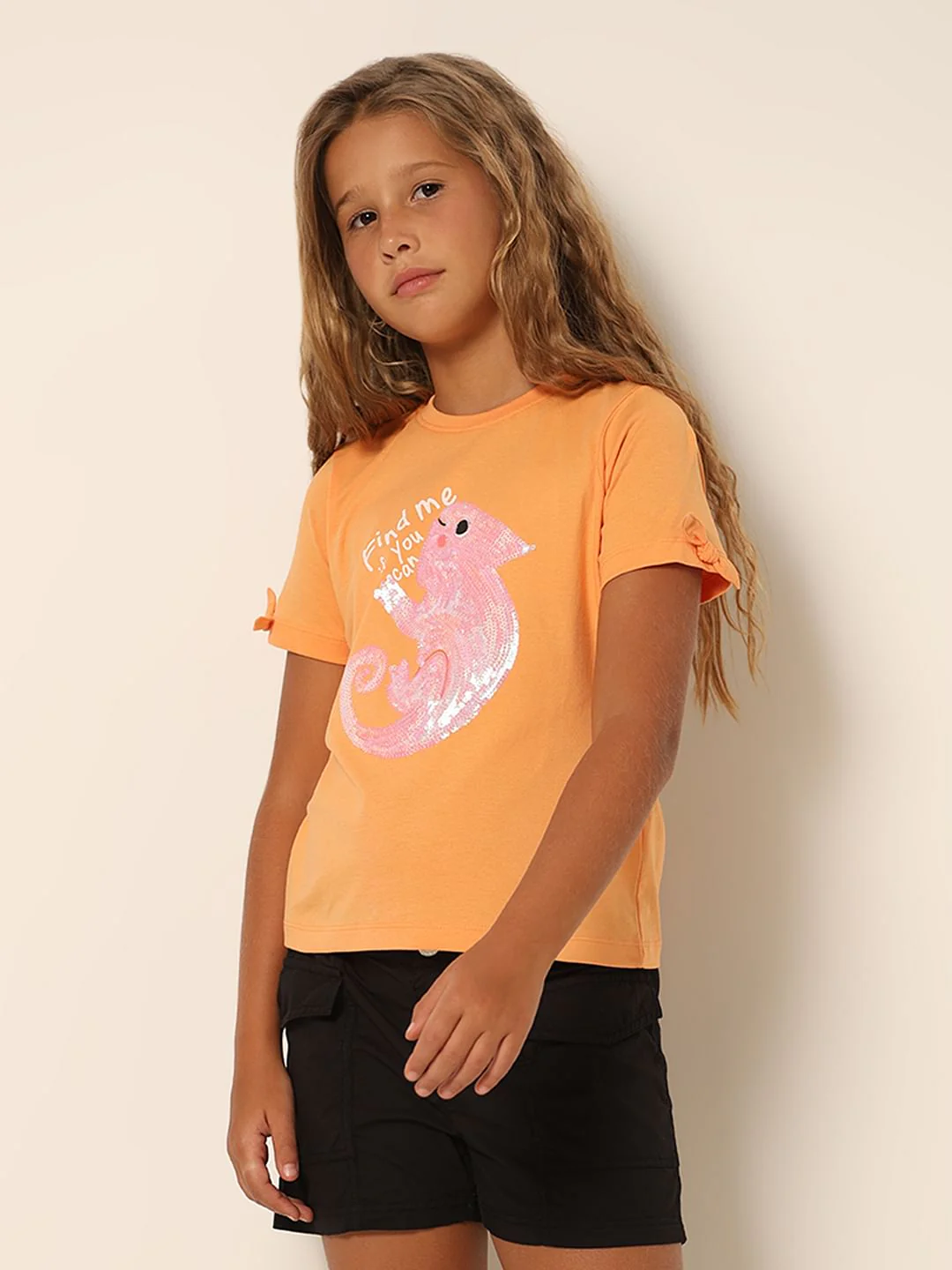 Girls Orange Sequin Graphic T-Shirt - Image 2