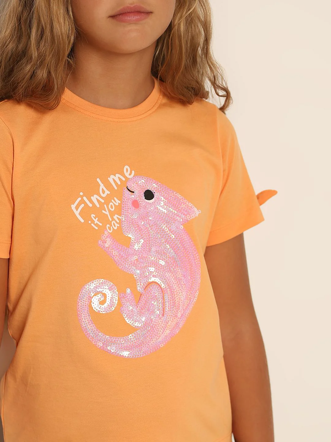Girls Orange Sequin Graphic T-Shirt - Image 4