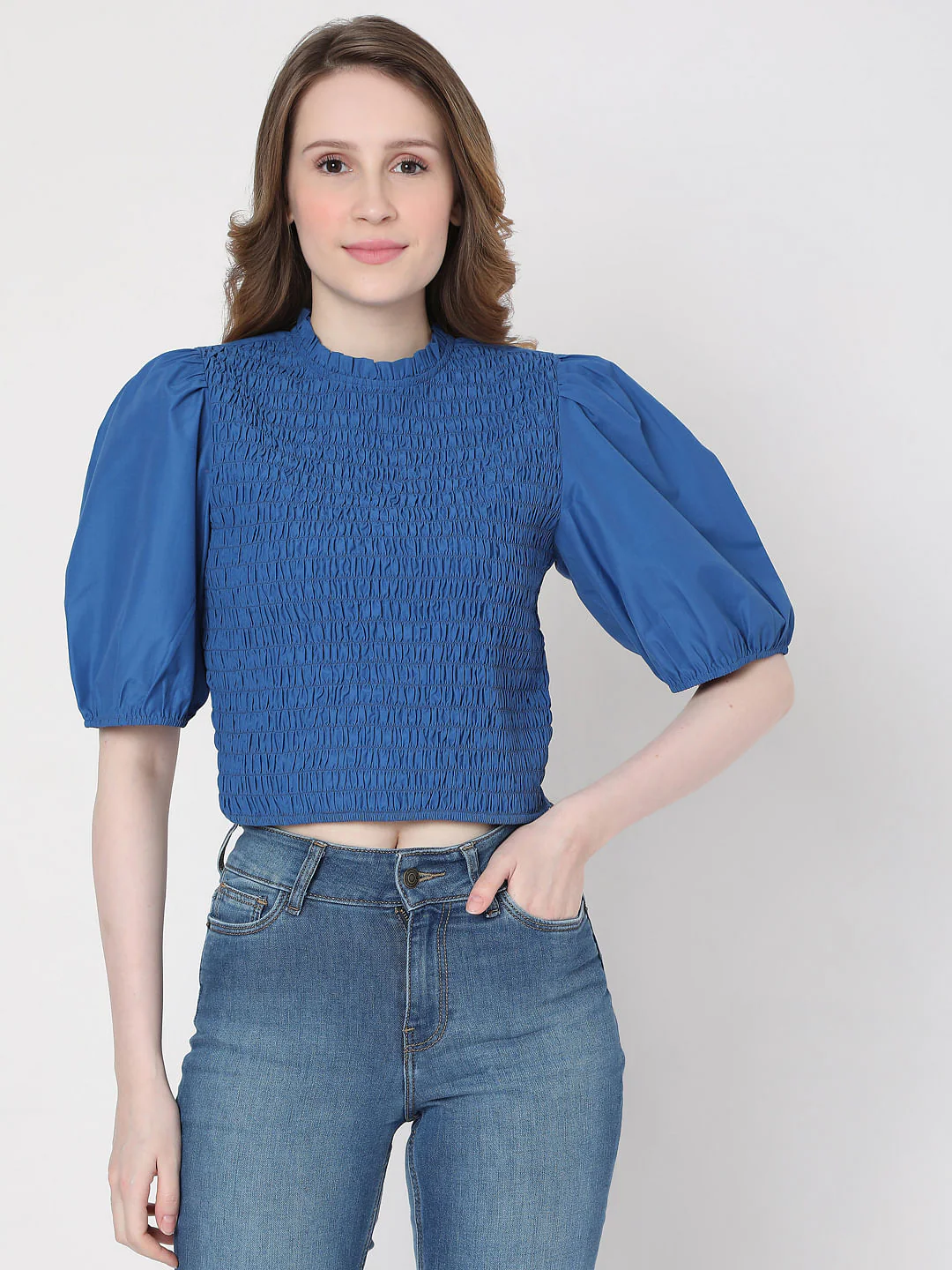 Blue Smocked Puff Sleeves Top - Image 2