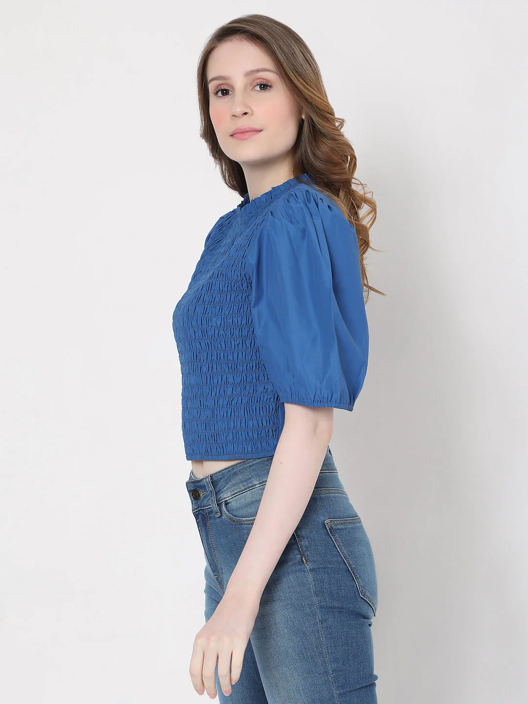 Blue Smocked Puff Sleeves Top - Image 3