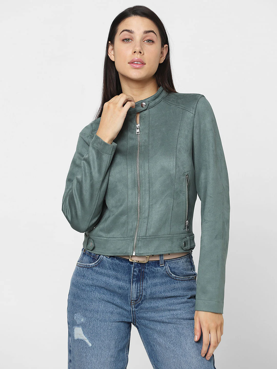 Green Faux Suede Biker Jacket - Image 2