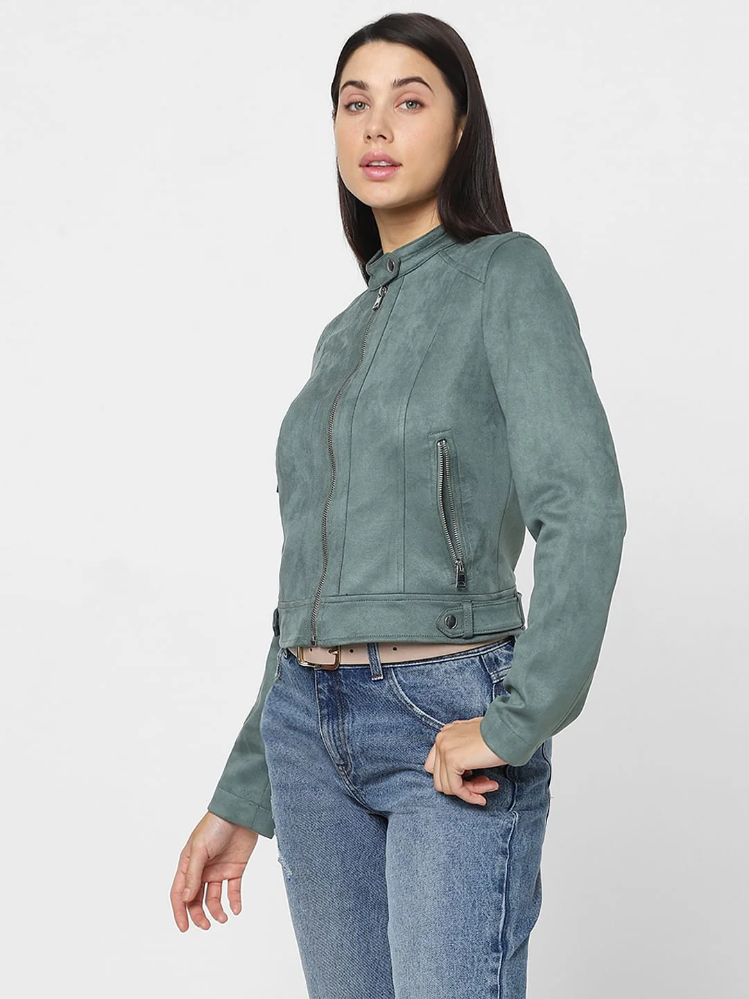 Green Faux Suede Biker Jacket - Image 3