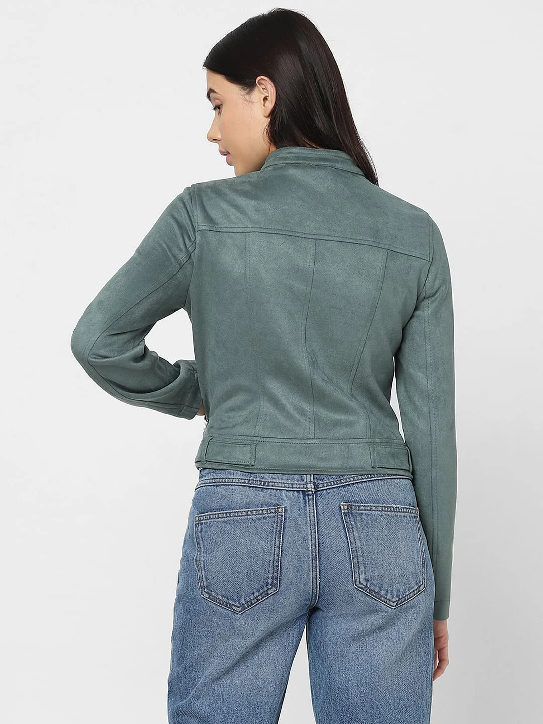 Green Faux Suede Biker Jacket - Image 4