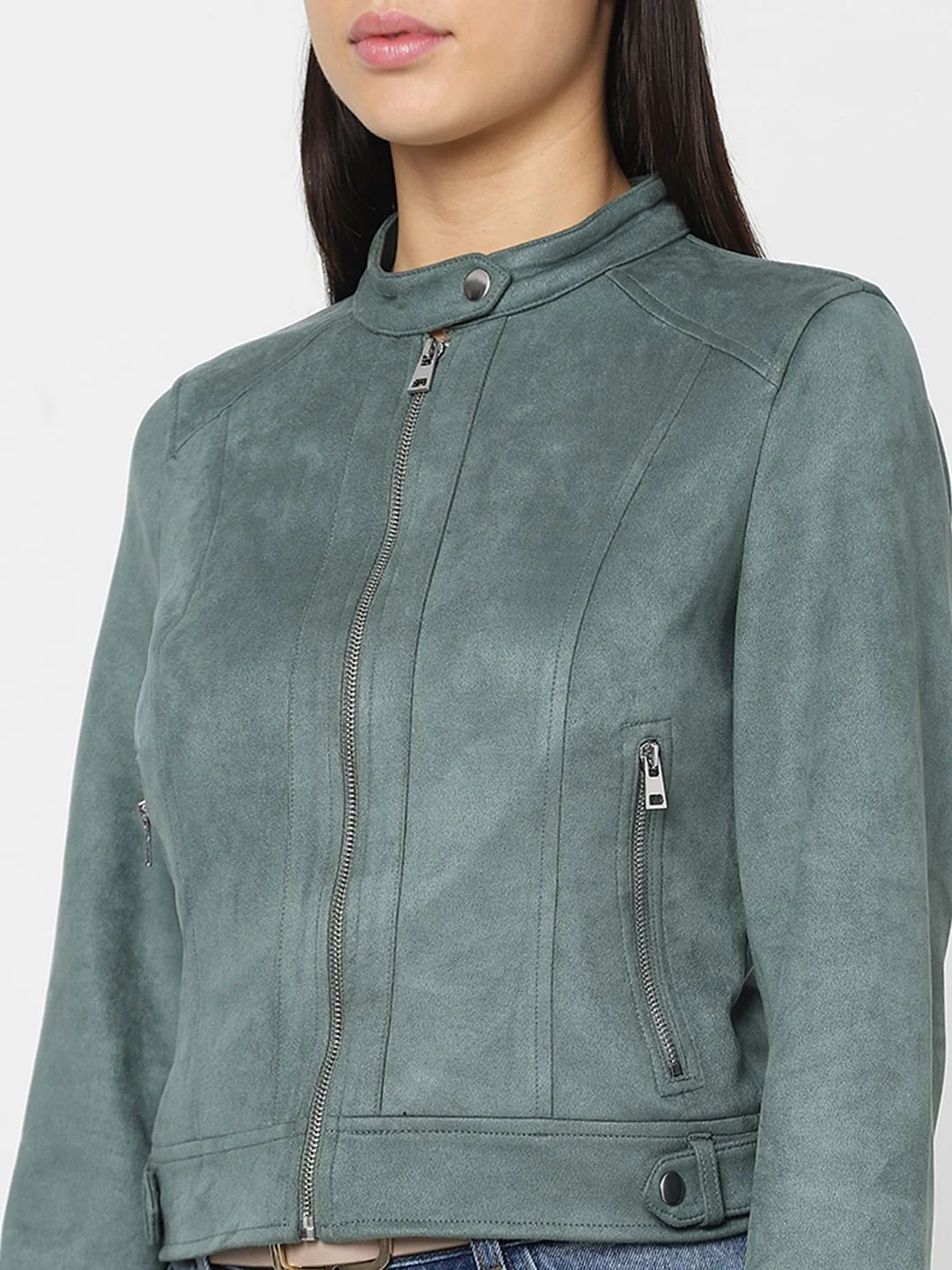 Green Faux Suede Biker Jacket - Image 5