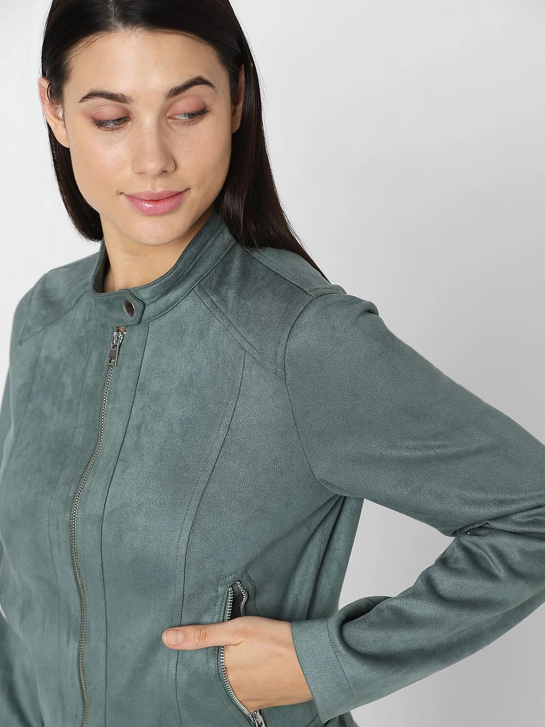 Green Faux Suede Biker Jacket - Image 6