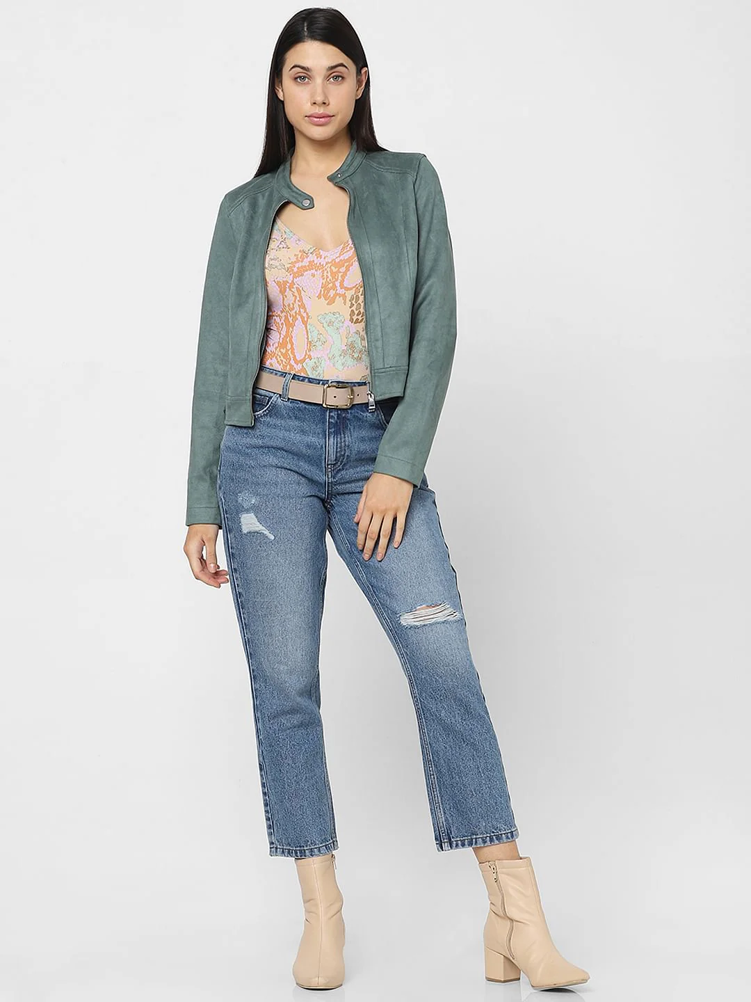 Green Faux Suede Biker Jacket - Image 7
