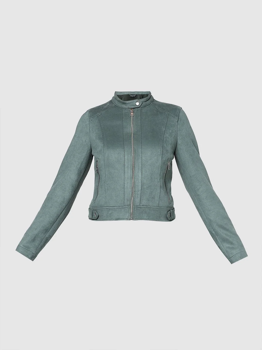 Green Faux Suede Biker Jacket - Image 8