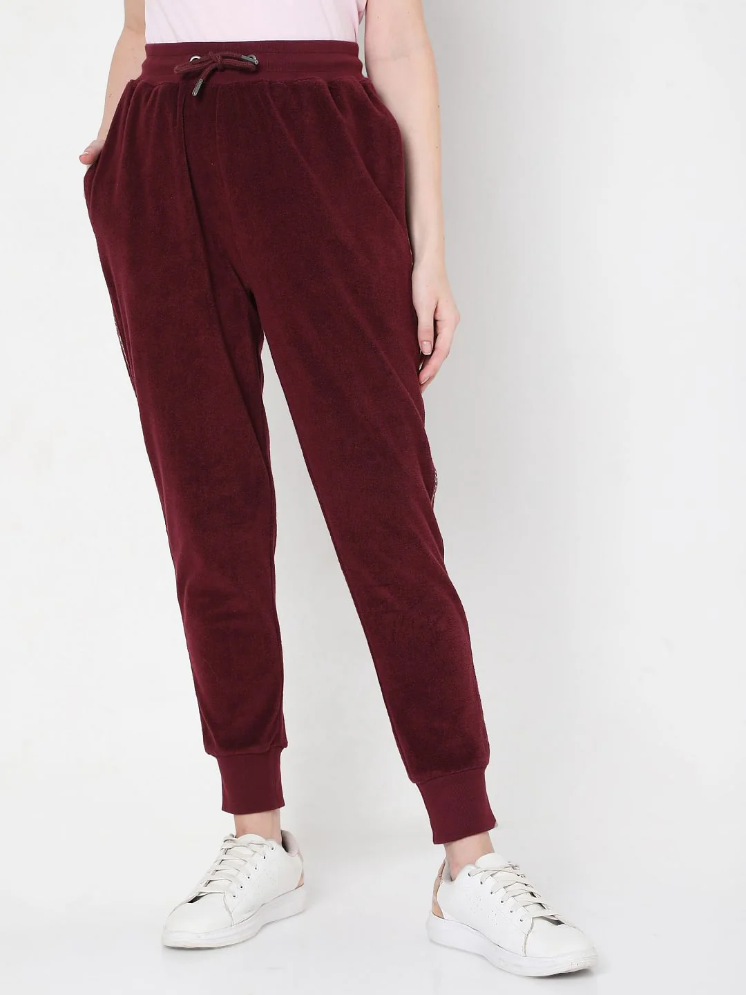 Maroon Mid Rise Tape Detail Joggers - Image 2