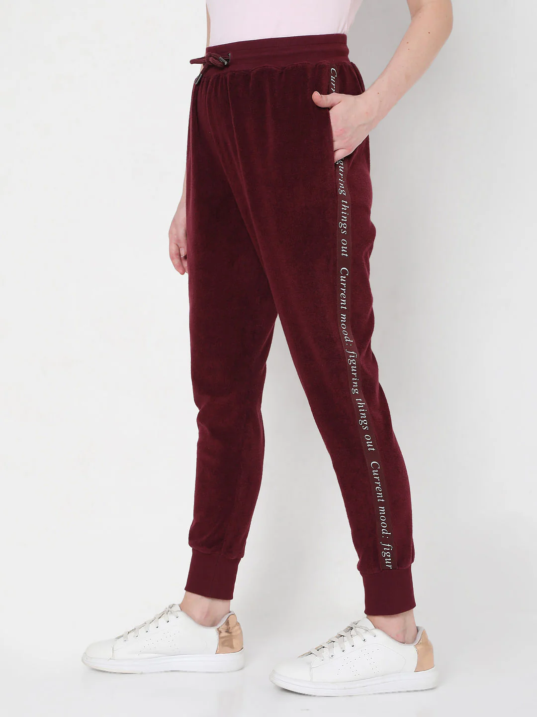 Maroon Mid Rise Tape Detail Joggers - Image 3