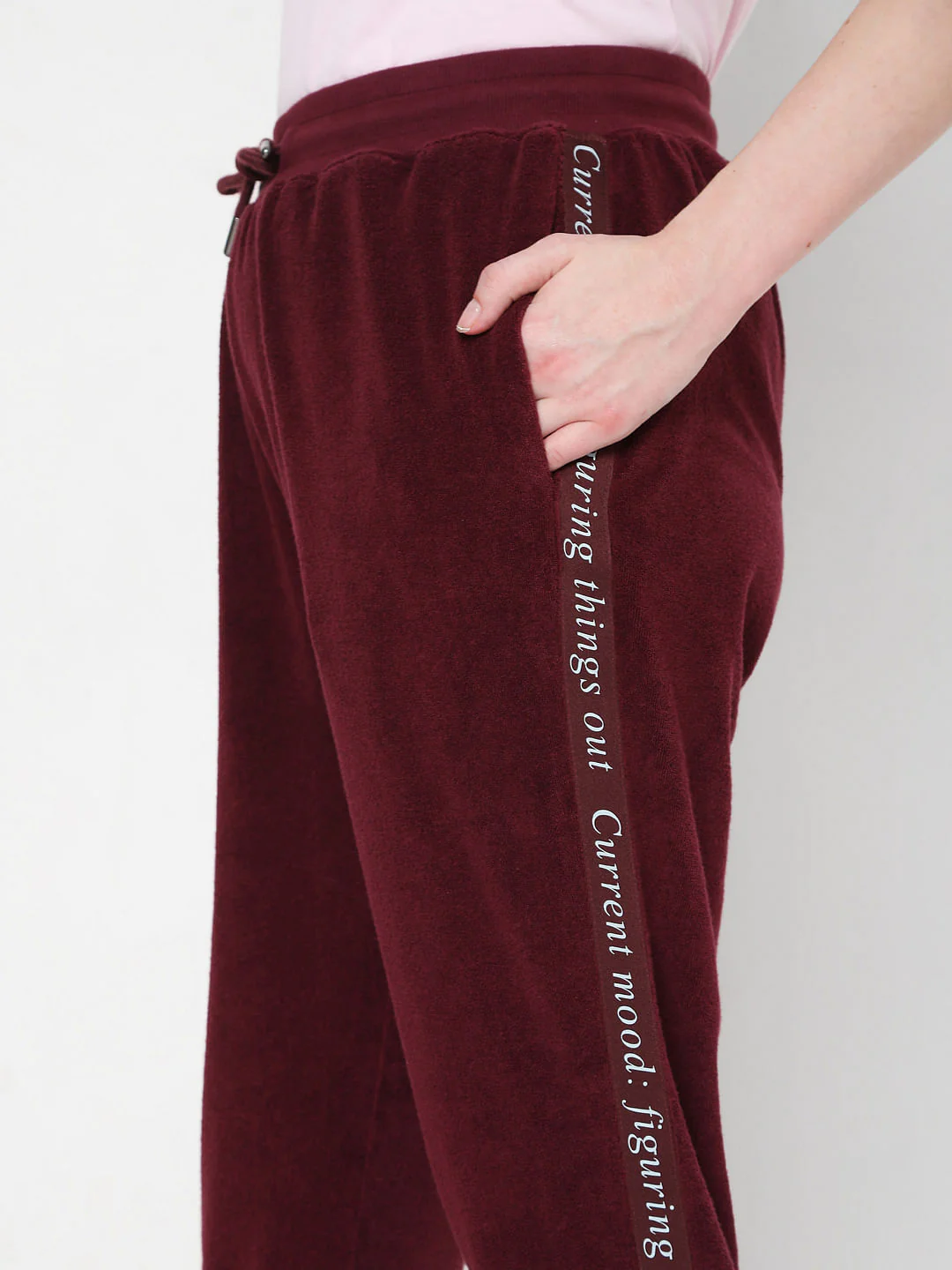 Maroon Mid Rise Tape Detail Joggers - Image 5
