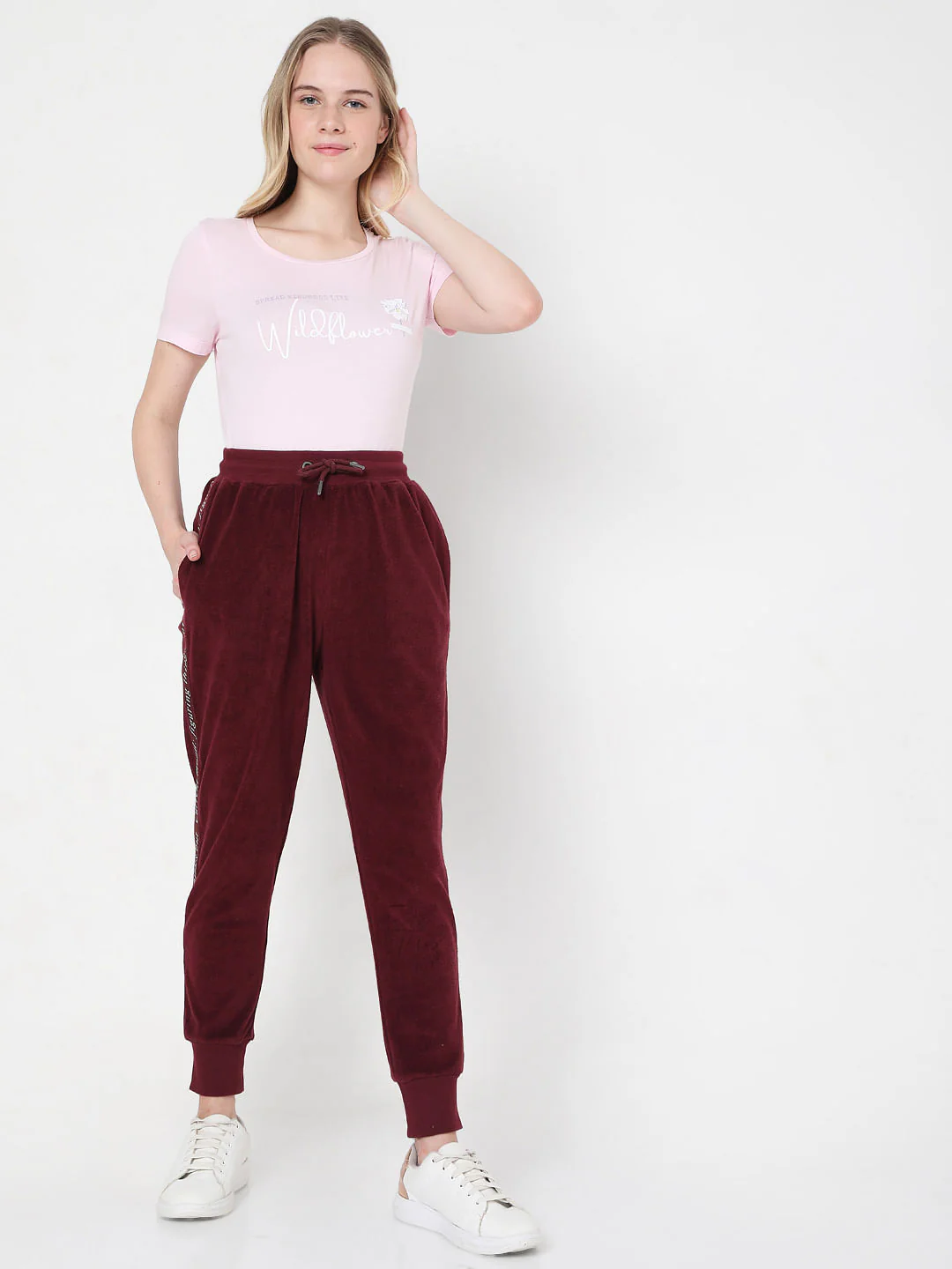Maroon Mid Rise Tape Detail Joggers - Image 6