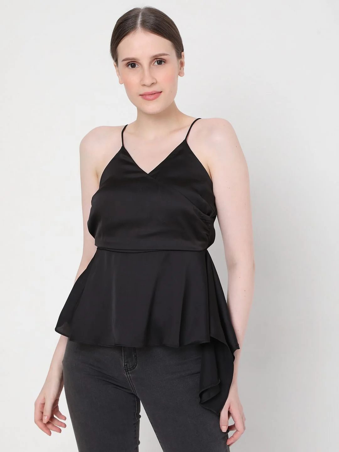 Black Strappy Wrap Peplum Top - Image 2