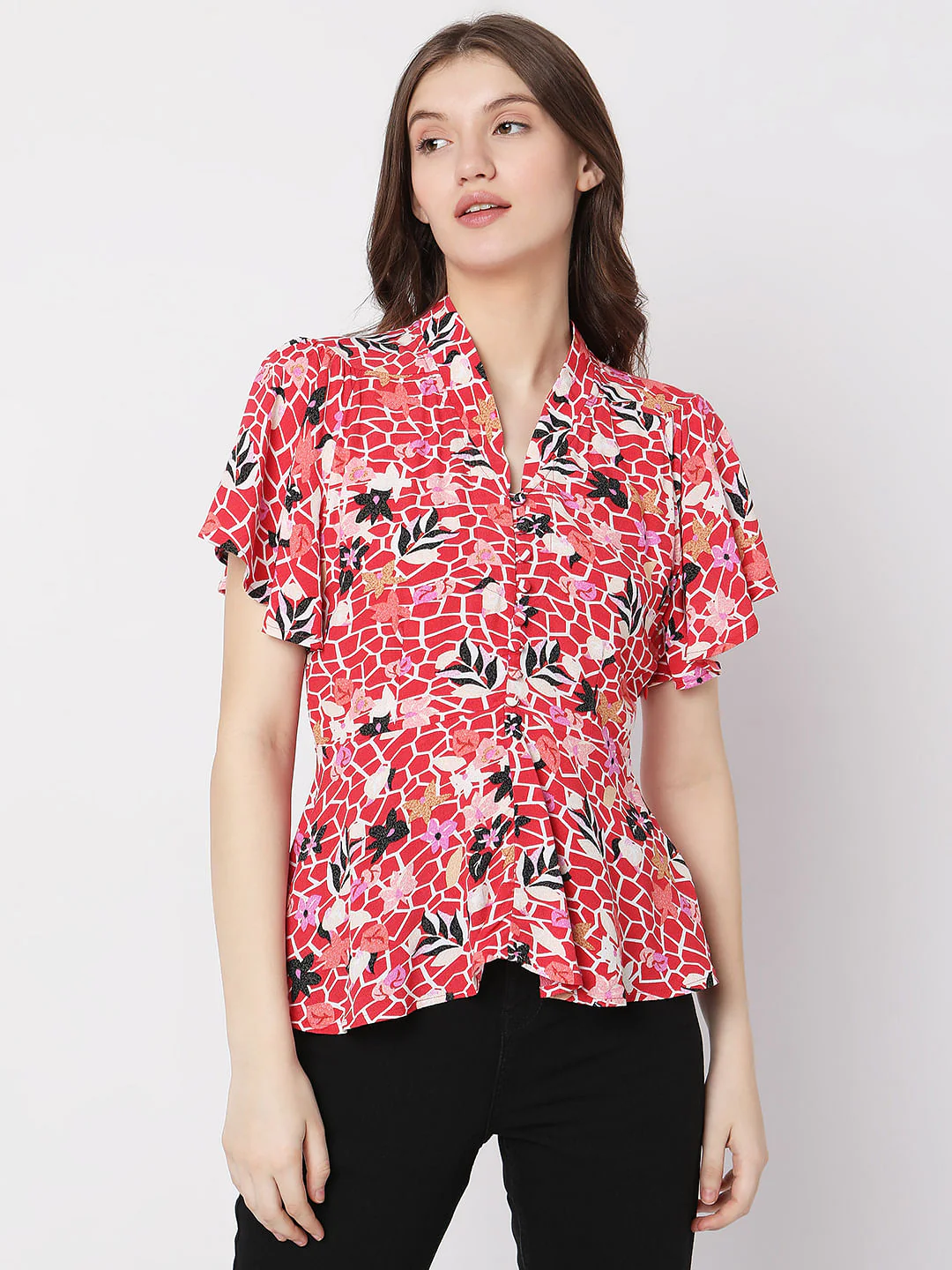 Red Printed Peplum Top - Image 2