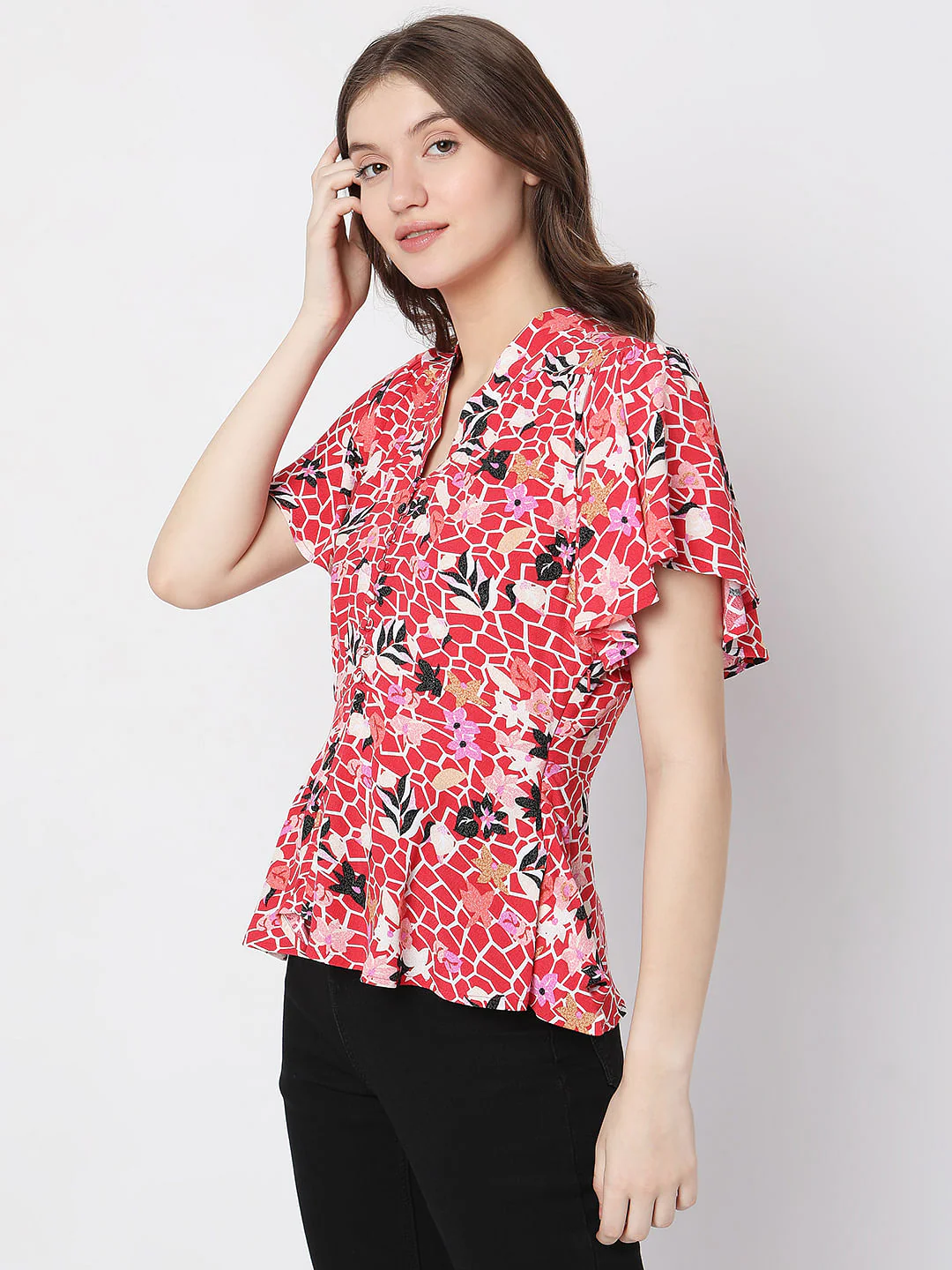 Red Printed Peplum Top - Image 3