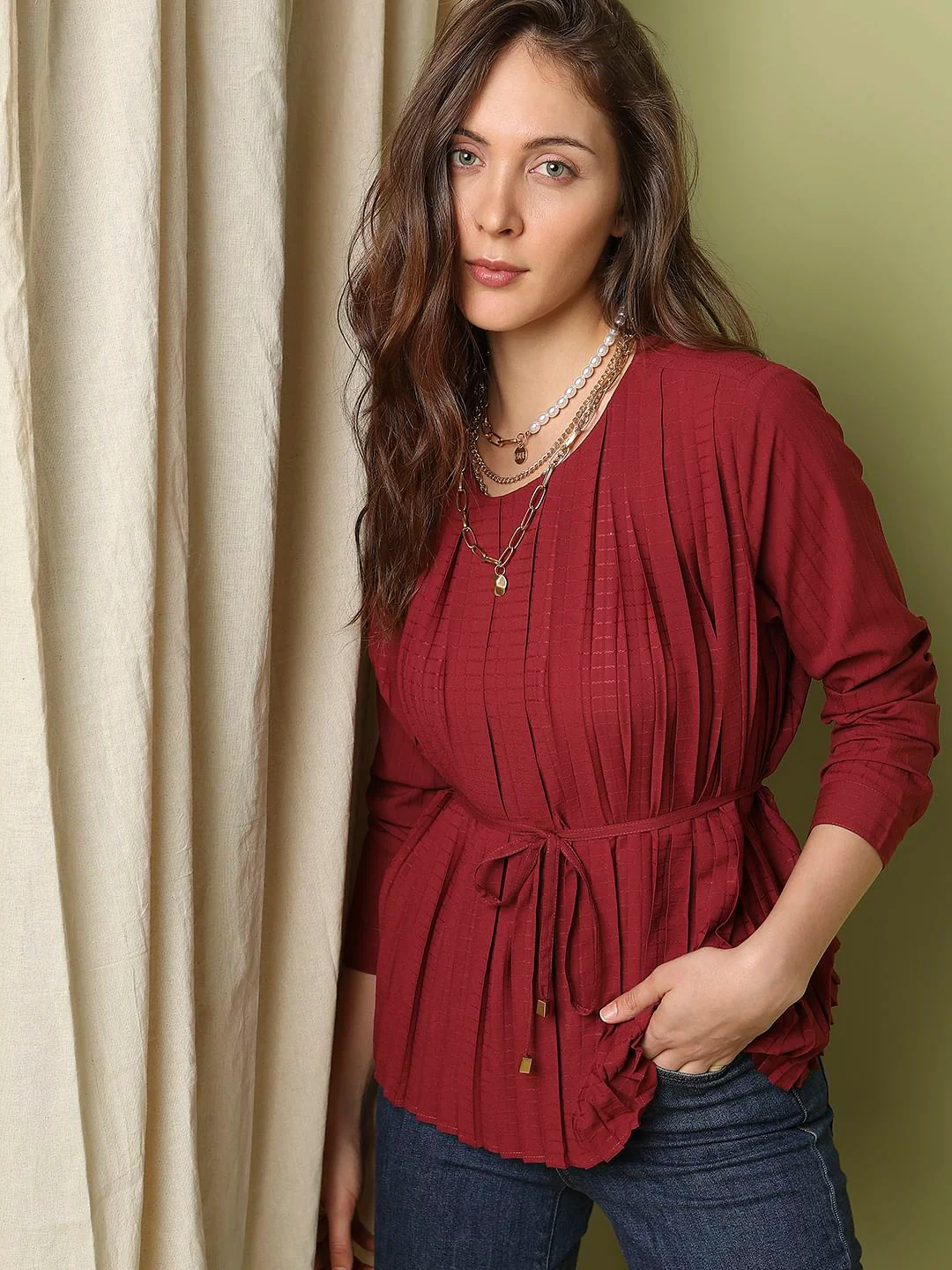 Brick Red Pleated Top