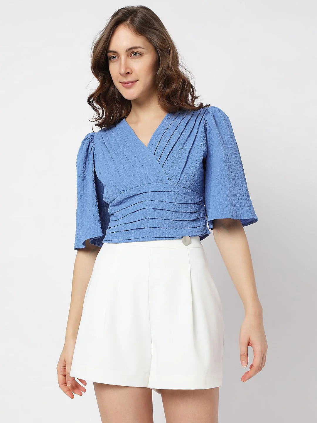 Blue Textured Pleated Crop Top - Image 2